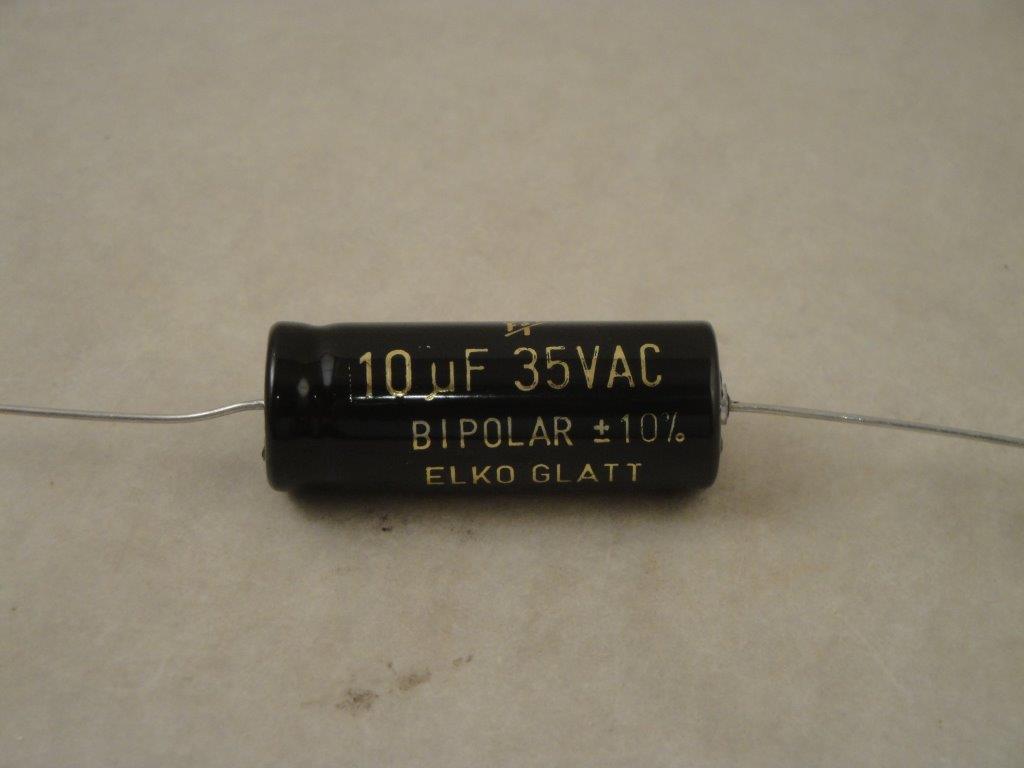 Bipolar 10 uF 35 V  Ton-Elko-glatt 14X37mm axial F&T